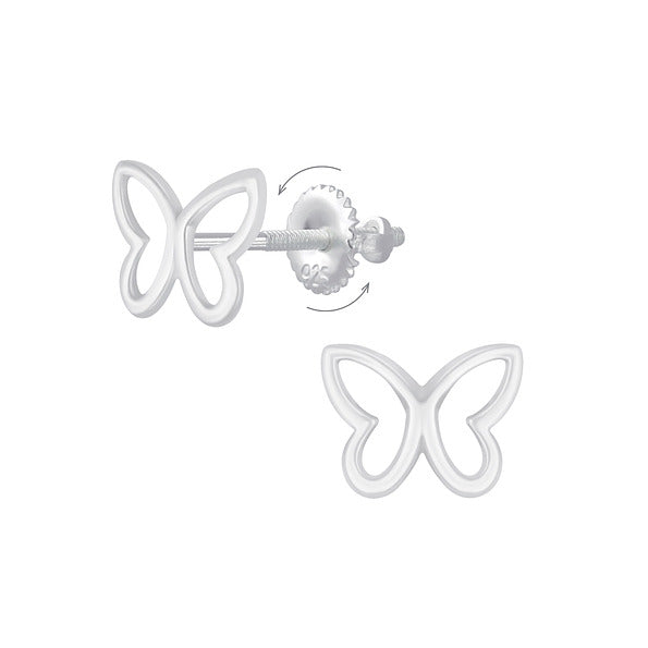A pair of silver kids' screw back earrings designed to resemble butterfly wings.