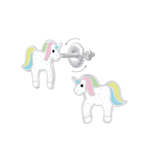 Silver Kids Unicorn Screw Back Earrings