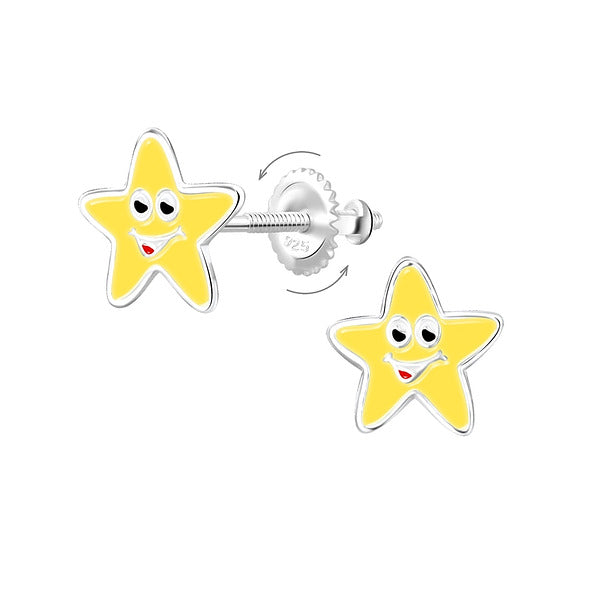 A pair of silver star-shaped screw back earrings with yellow and black details on a white background.