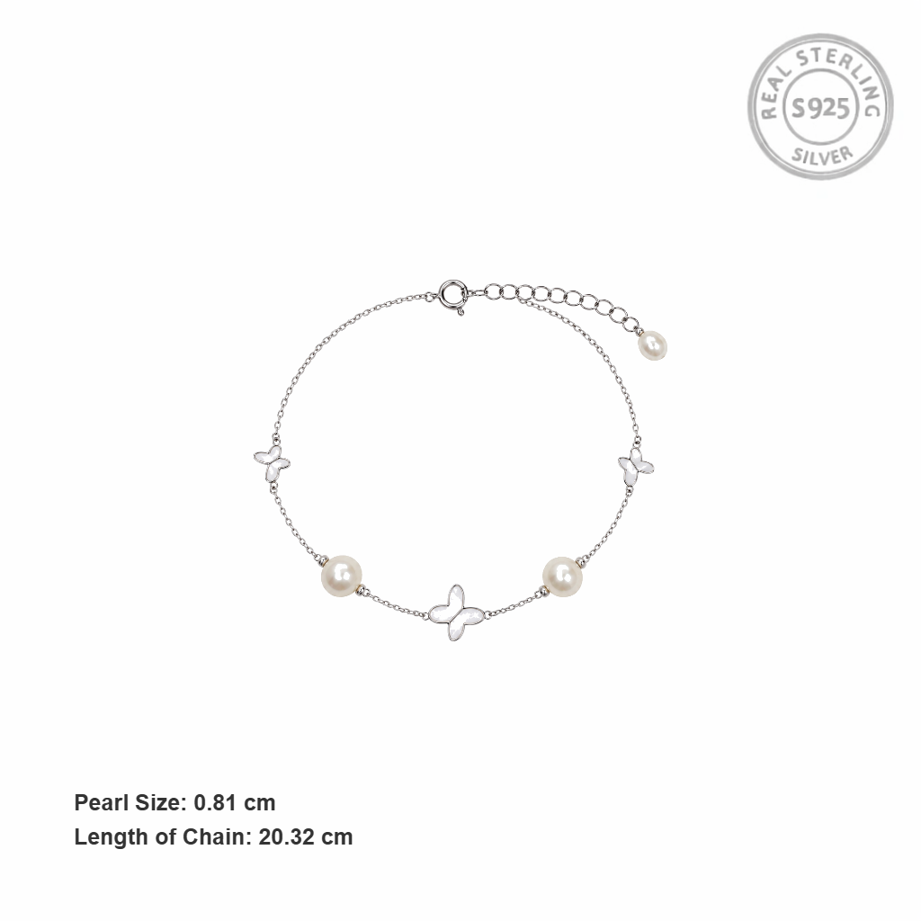Silver Dangling Butterfly Pearl Bracelet