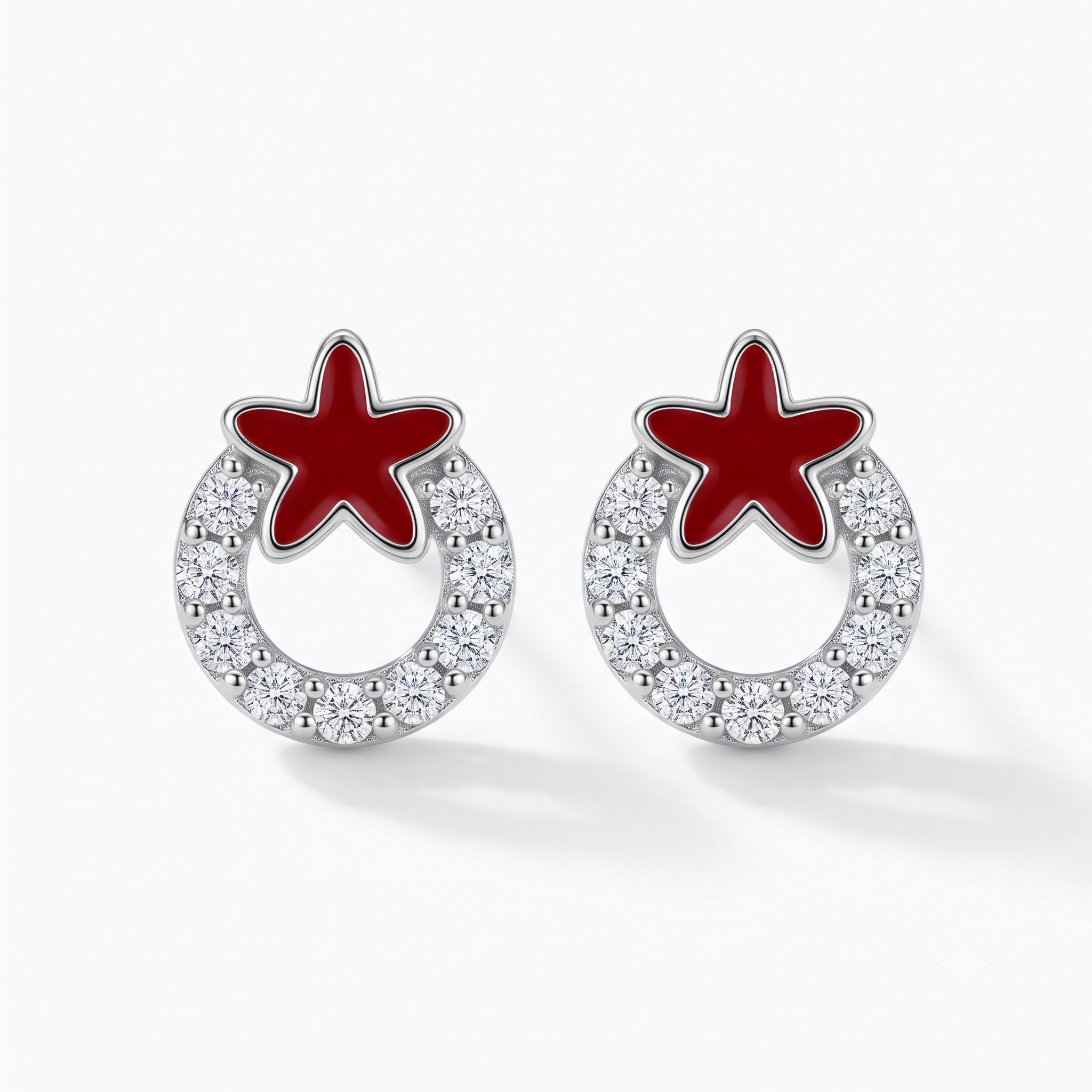 Silver Red Star Fish on Sparkling Hoop Earrings