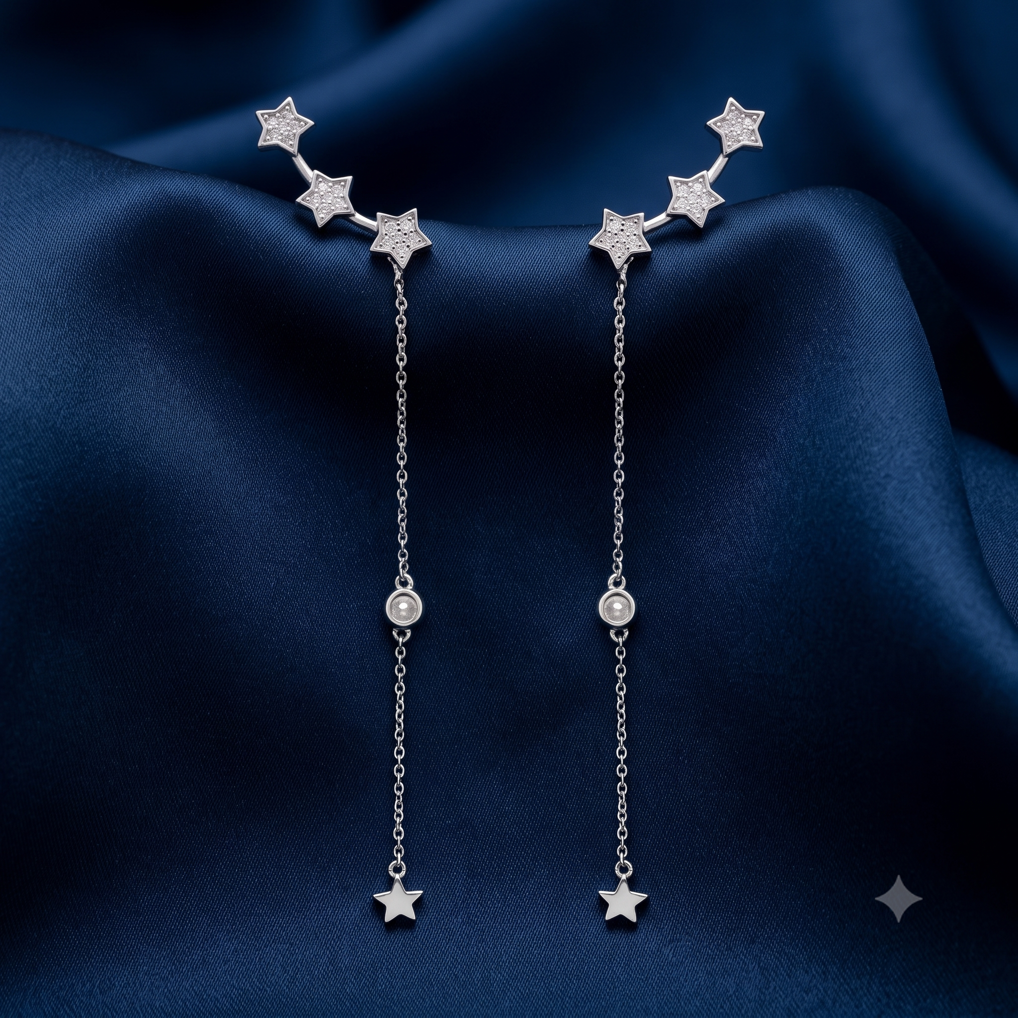 Silver On Ear Curved Star Trail Earrings