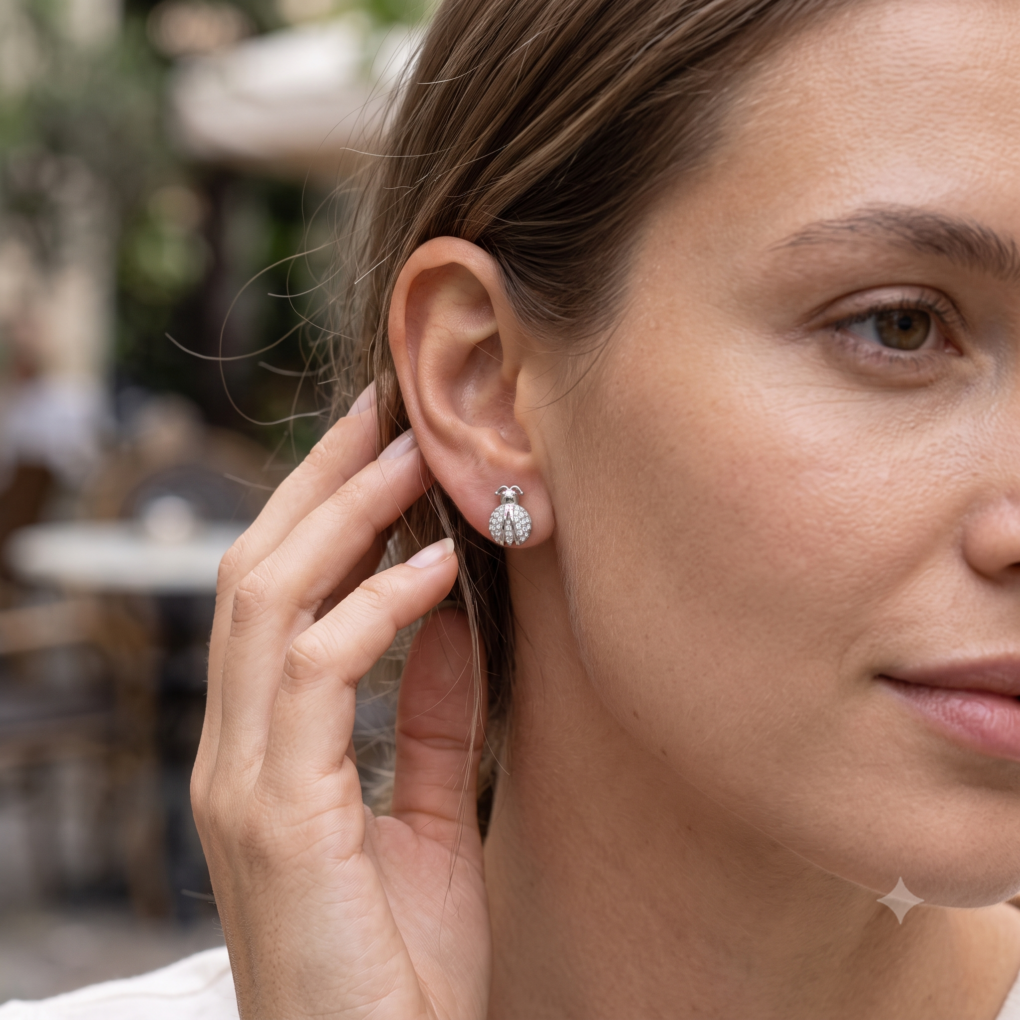 Silver Sparkling M Lady Bug Earrings