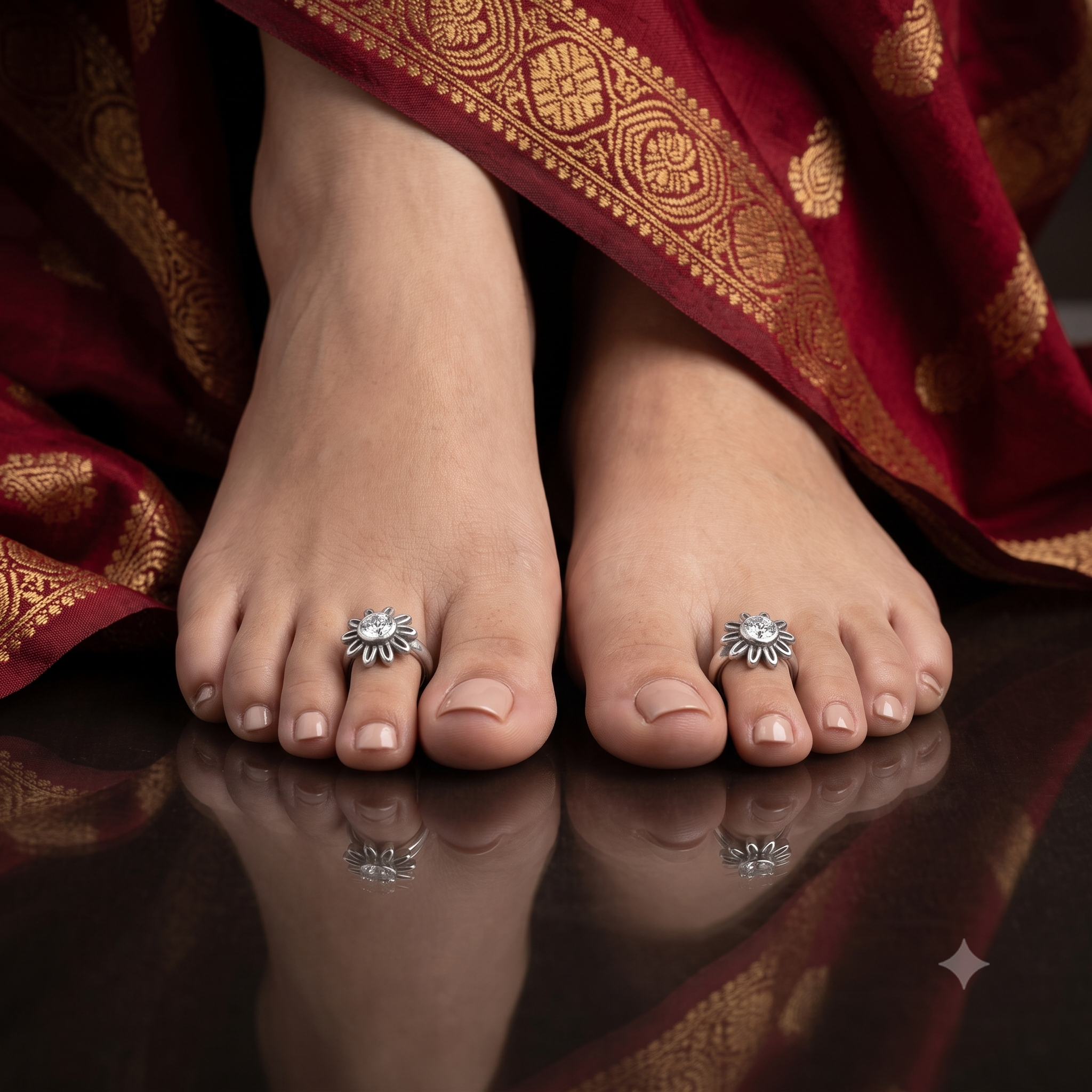 Silver Oxidised Spark Flower Toe Rings
