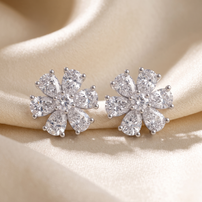 Silver Sparkling Floral Solitaires Earrings