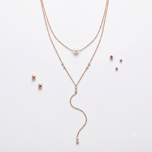 Silver Two Line Chain Zircon & Pearl Necklace