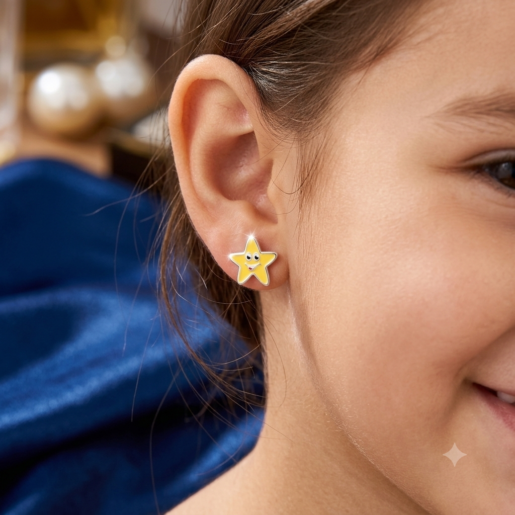 A close-up of a child's ear wearing a small yellow star-shaped stud earring with a smiling face, against a soft blurred background with blue fabric and warm decor.