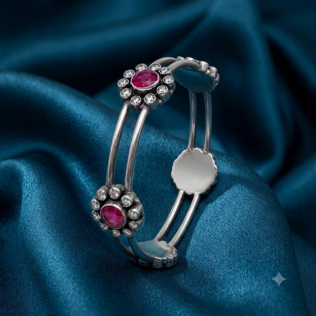 Silver Oxidized Zircon Flower Bangle