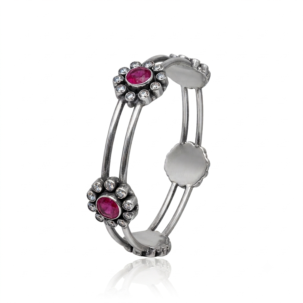 Silver Oxidized Zircon Flower Bangle