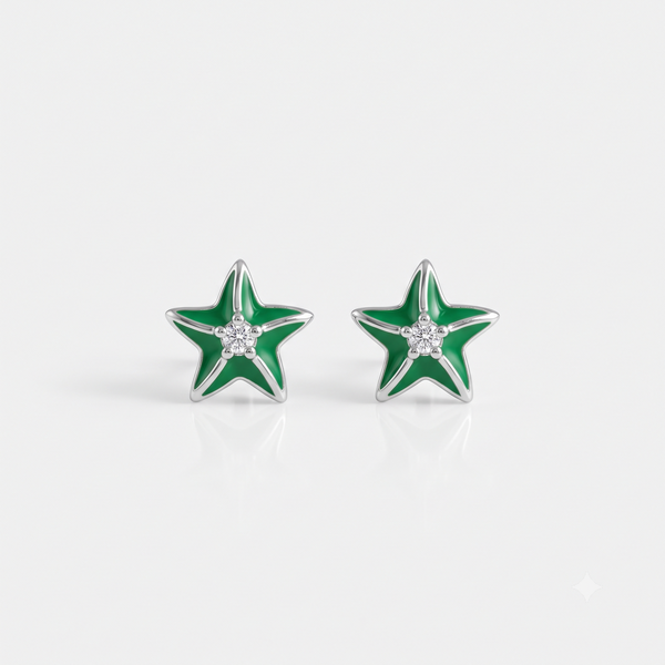 Silver Sparkle on Green Star Fish Earrings
