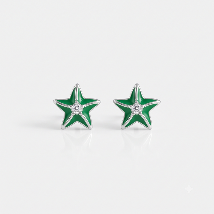 Silver Sparkle on Green Star Fish Earrings