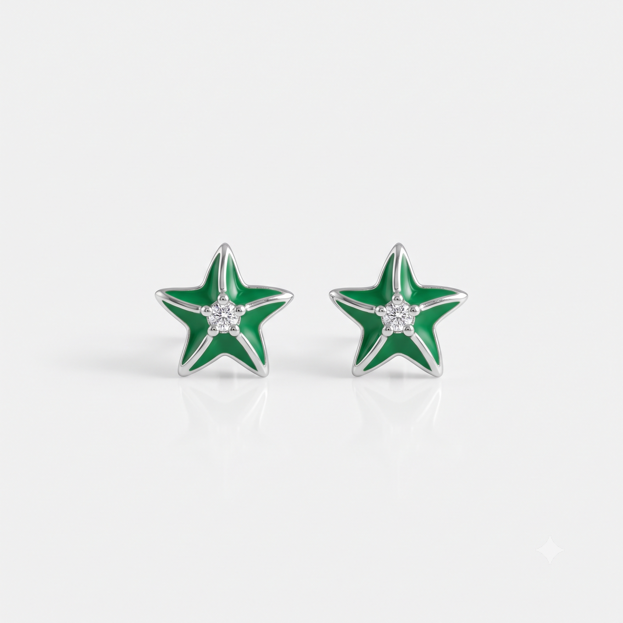 Silver Sparkle on Green Star Fish Earrings