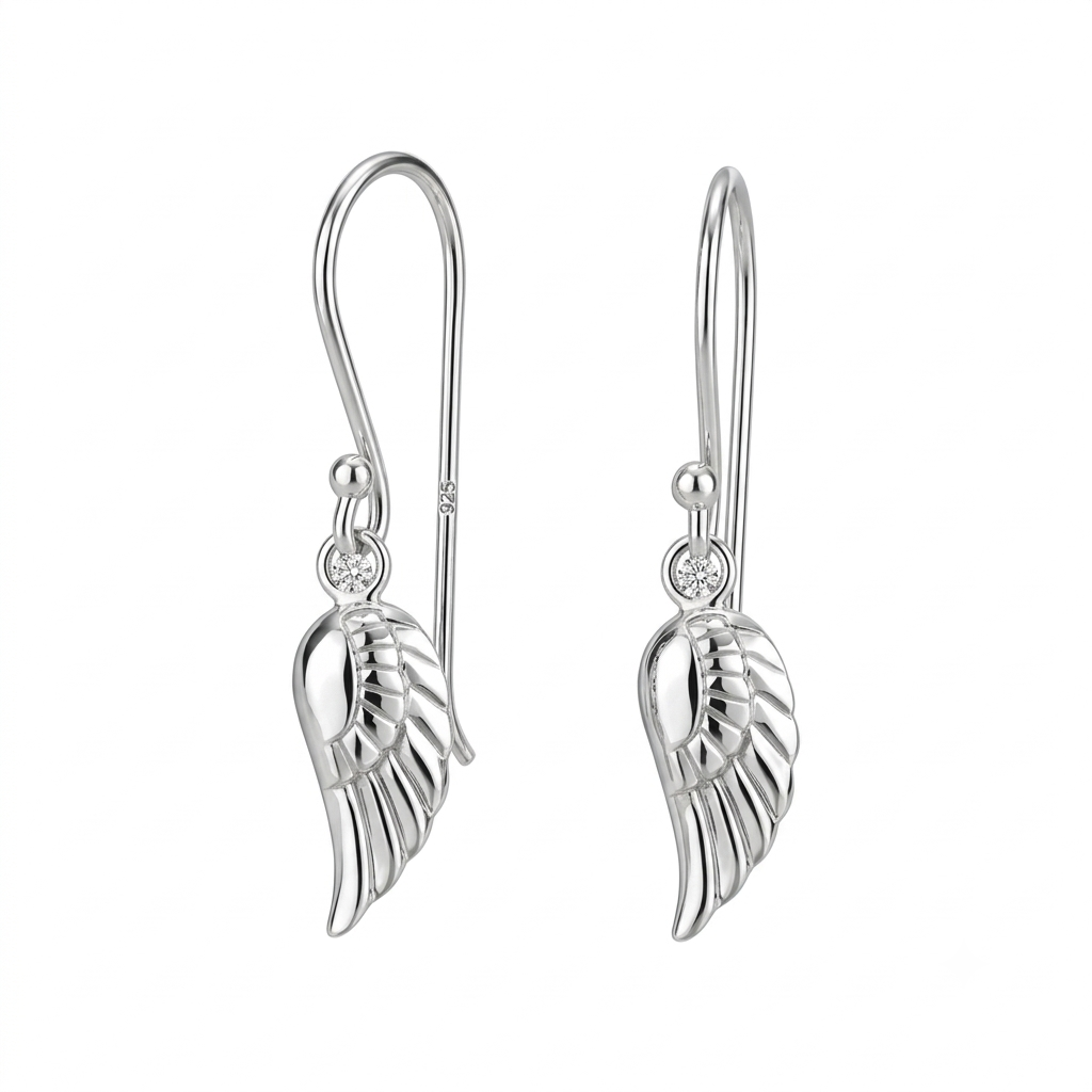 A pair of silver drop earrings featuring a detailed angel wing charm with a small clear gemstone accent, shown on a plain white background.