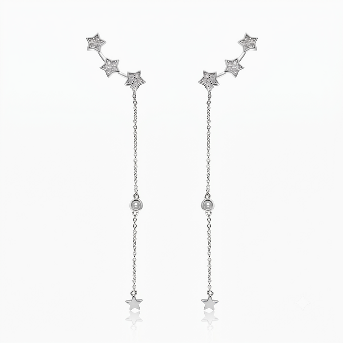 Silver On Ear Curved Star Trail Earrings