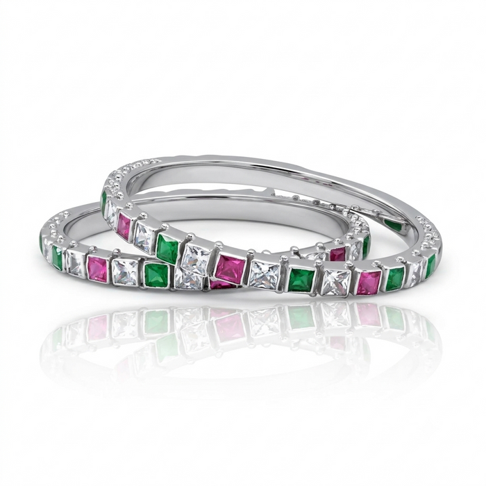 Silver Multitone Gemstone Bangle (Set of 2)