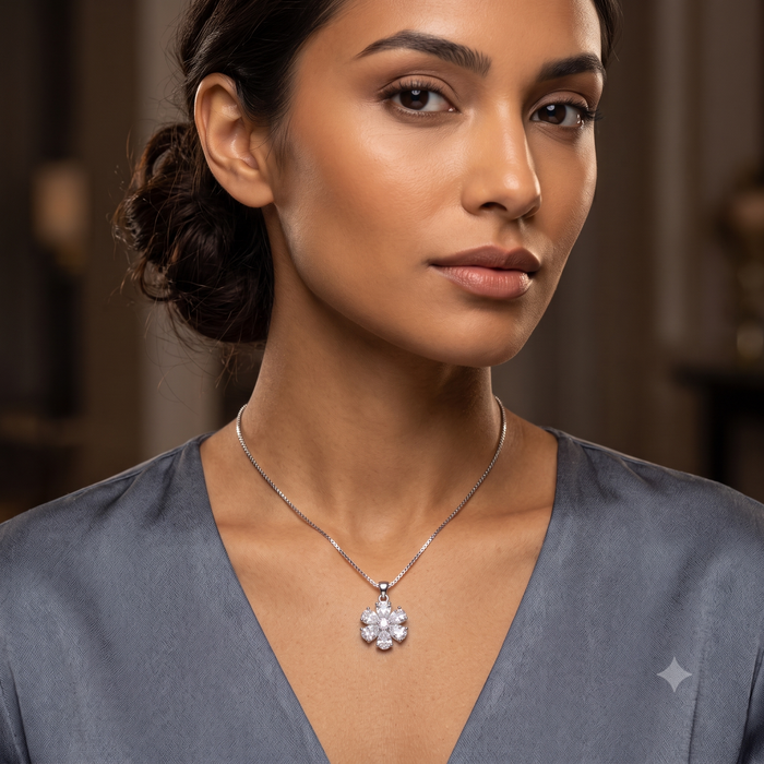Silver Sparkling Floral Solitaires Pendant