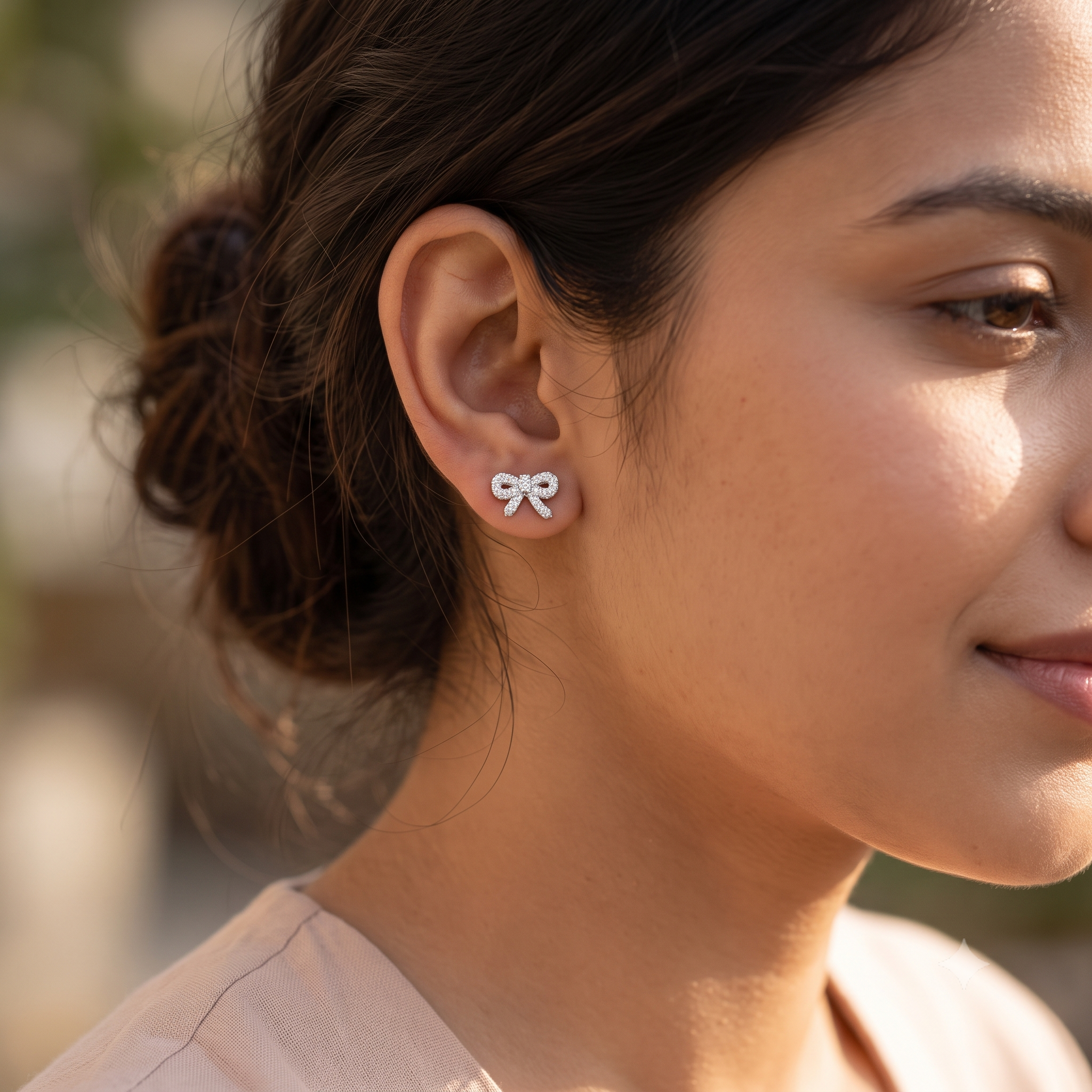 Silver Sparkling Bow Stud Earrings