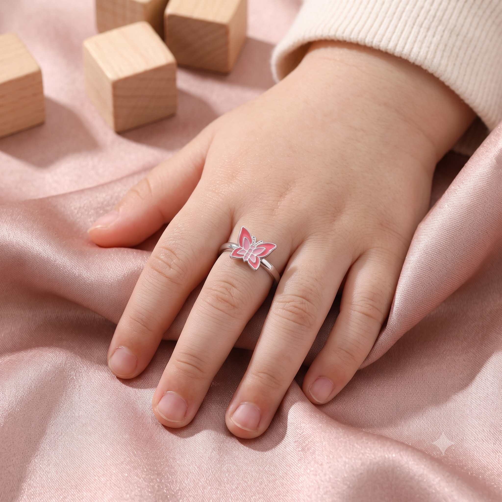 Silver Pink Butterfly Ring