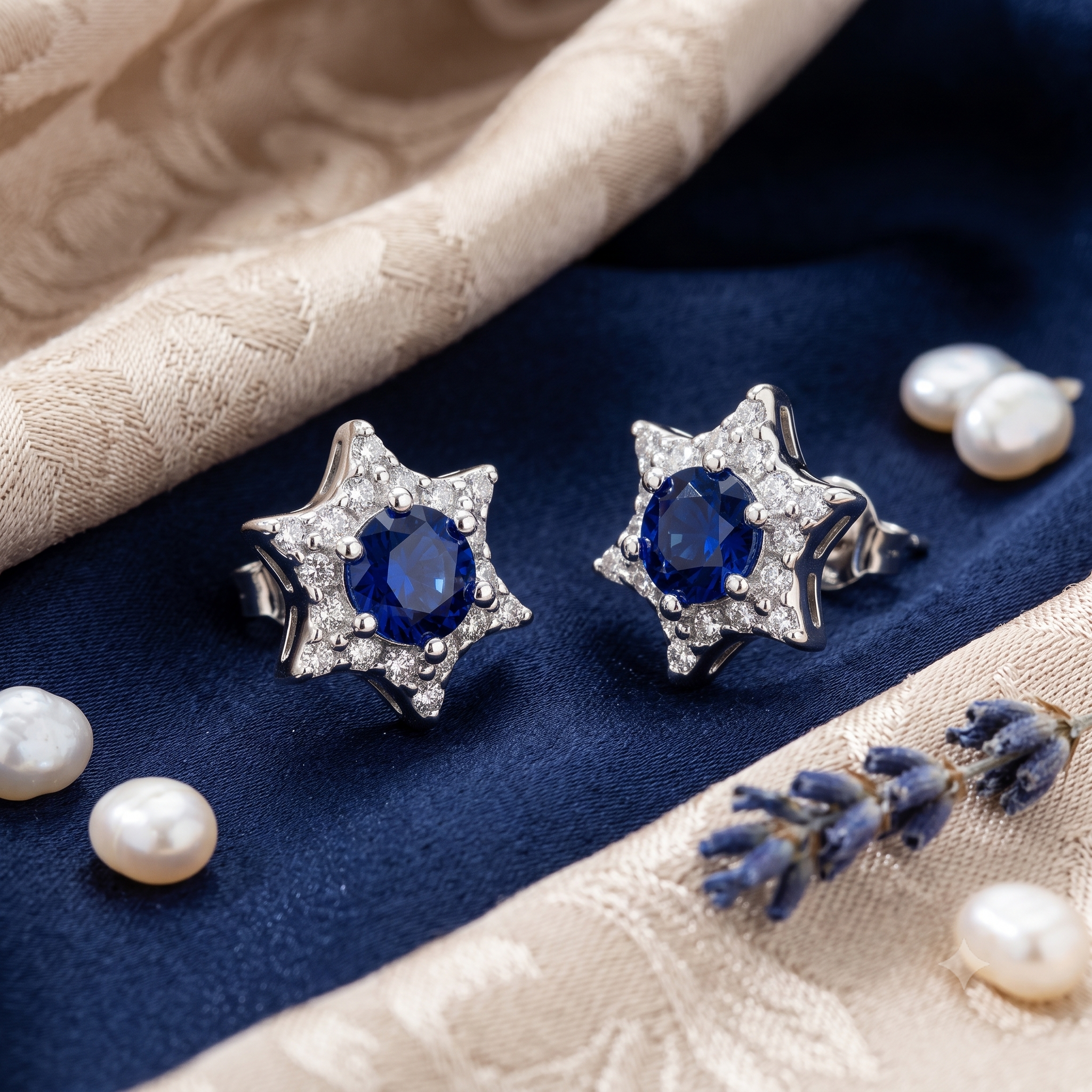 Silver Sparkling Sapphire Blue Star Earrings
