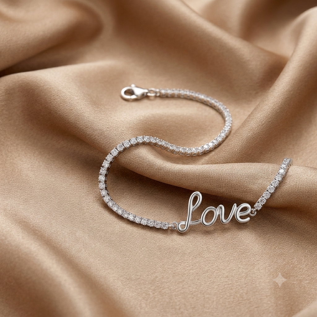 A silver tennis bracelet with a cursive 'Love' script pendant, displayed on draped champagne-colored satin fabric.