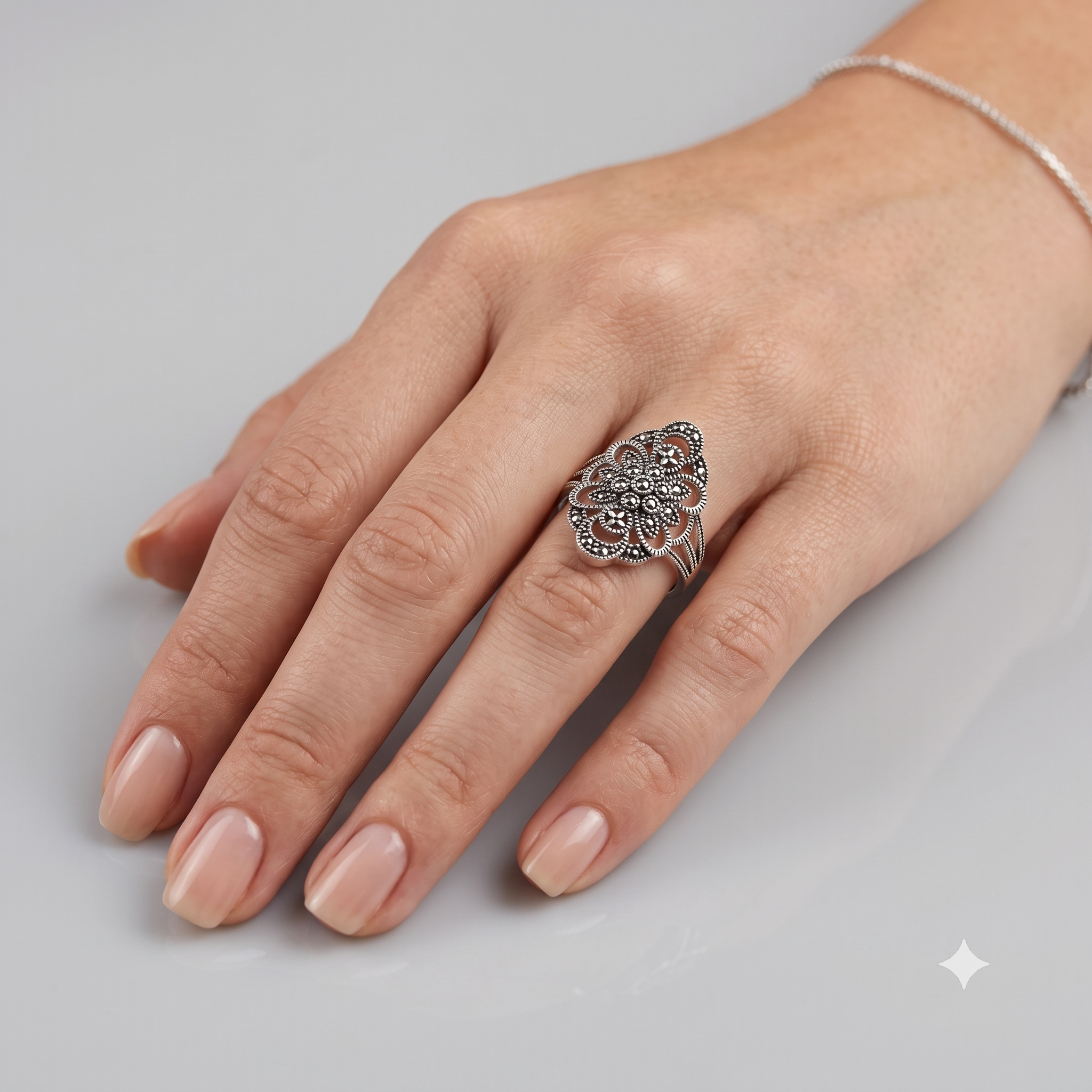 Silver Classic Marcasite Cocktail Ring