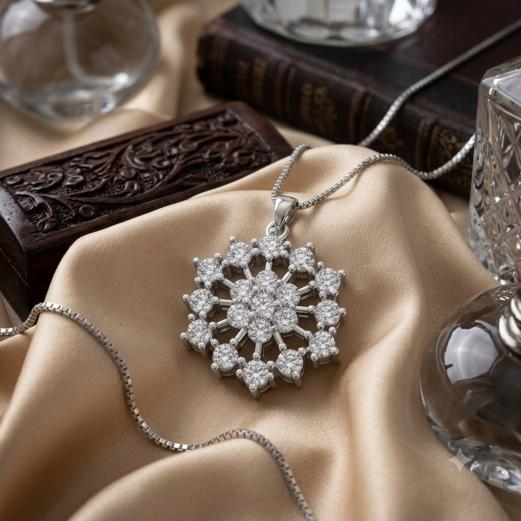 A silver snowflake-style pendant necklace set with clear stones, displayed on draped champagne silk fabric with vintage props including a book, carved wooden box, and glassware.
