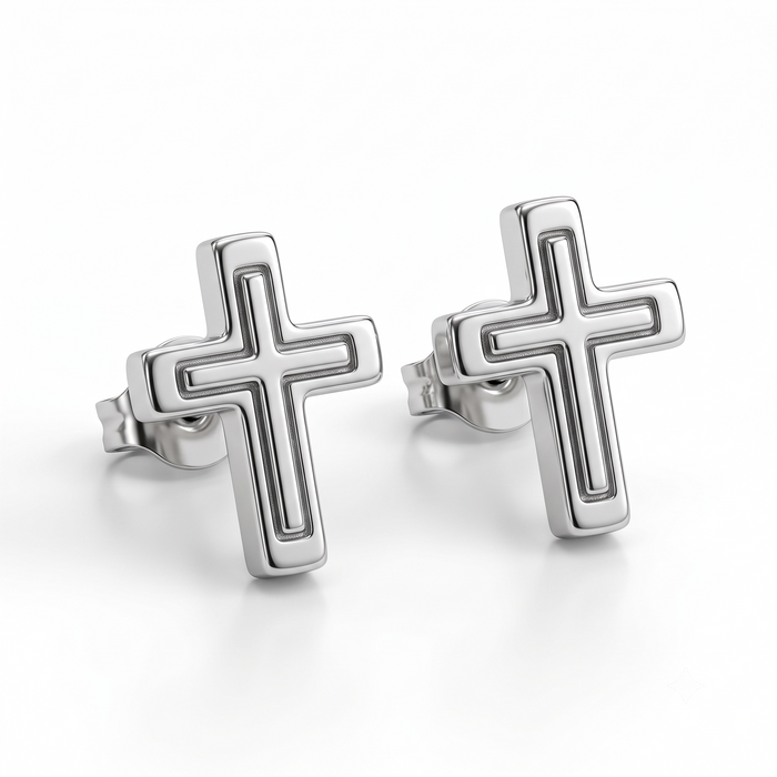 Silver Highlight Holy Cross Stud Earrings