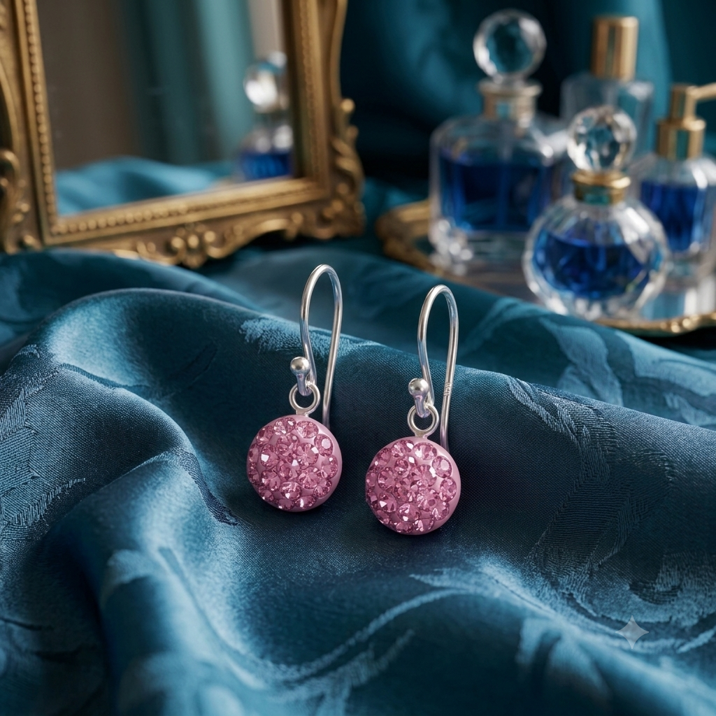 A pair of silver drop earrings with round pink glittery druse stone pendants, displayed on draped teal fabric with a gold mirror and perfume bottles in the background.