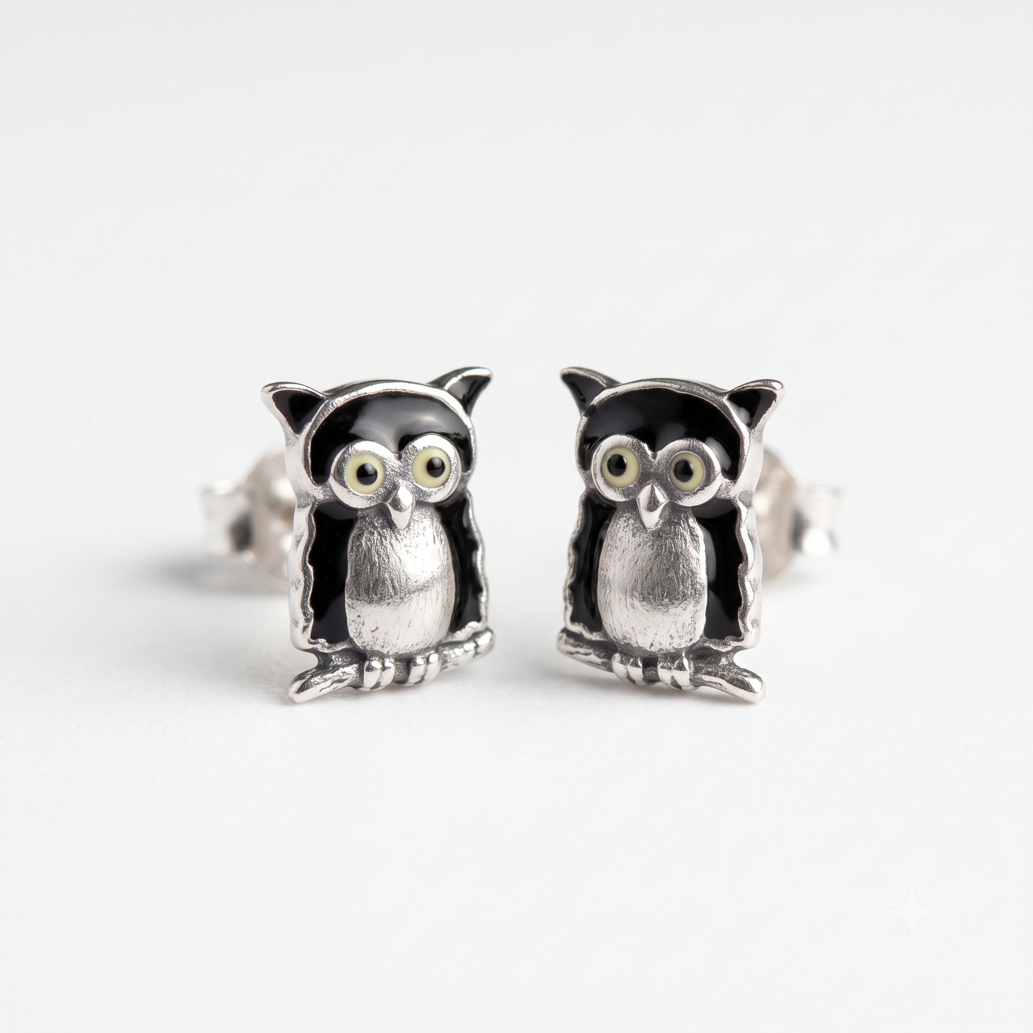 Silver Black Owl Earrings