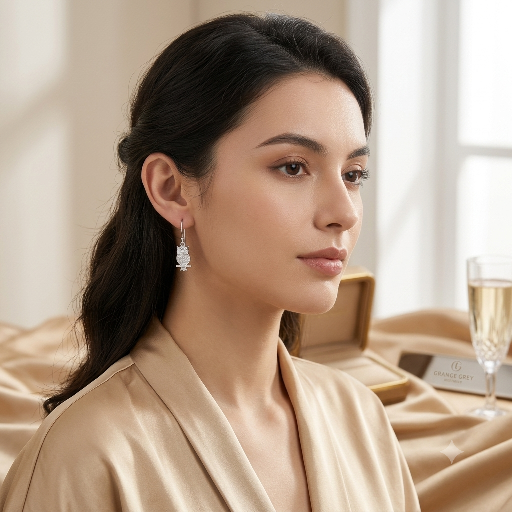A woman in a champagne satin robe wearing a delicate silver dangle earring with a white crystal pendant, set against a softly lit bedroom background with a champagne glass and box.
