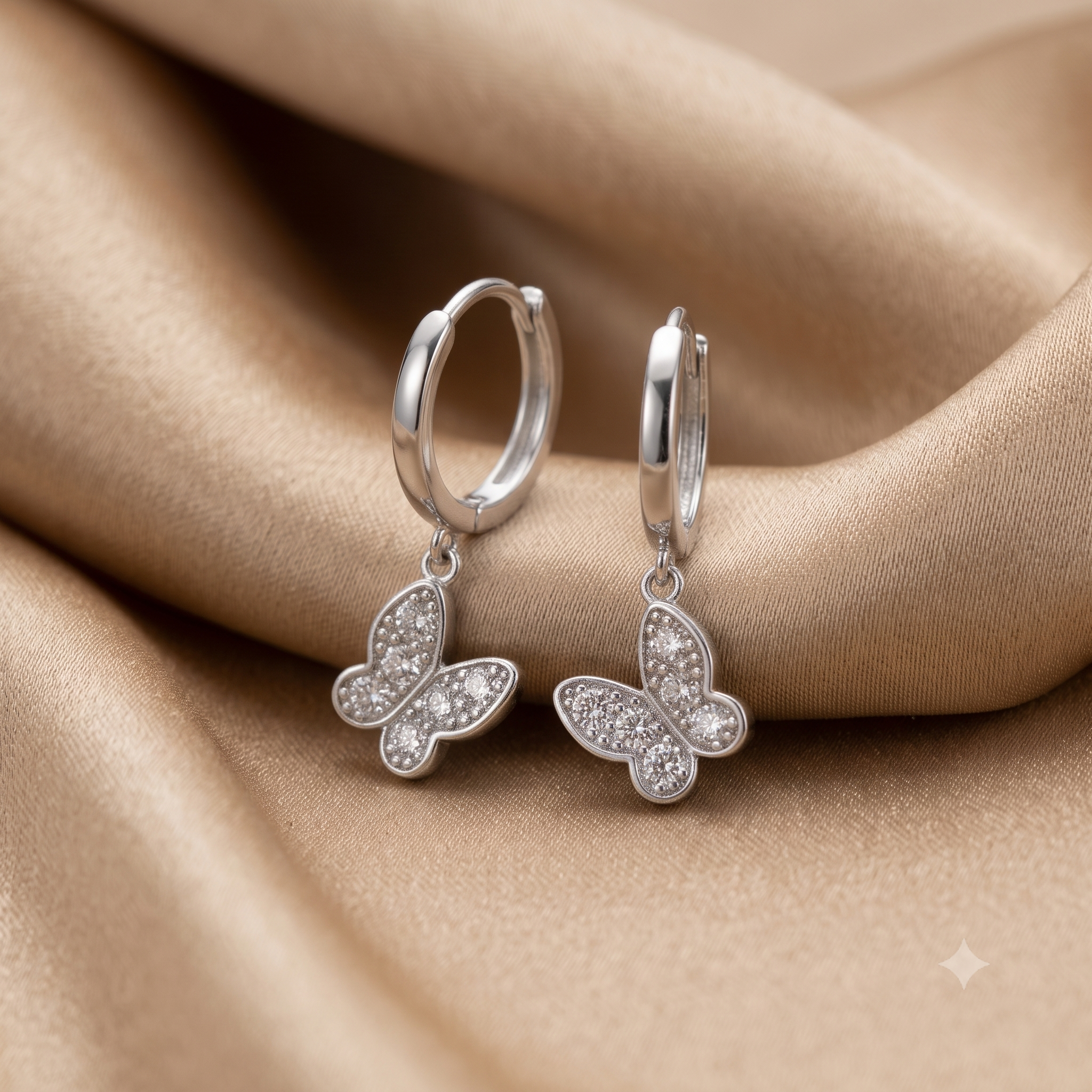 Silver Dangling Butterfly Charm Hoop Earrings