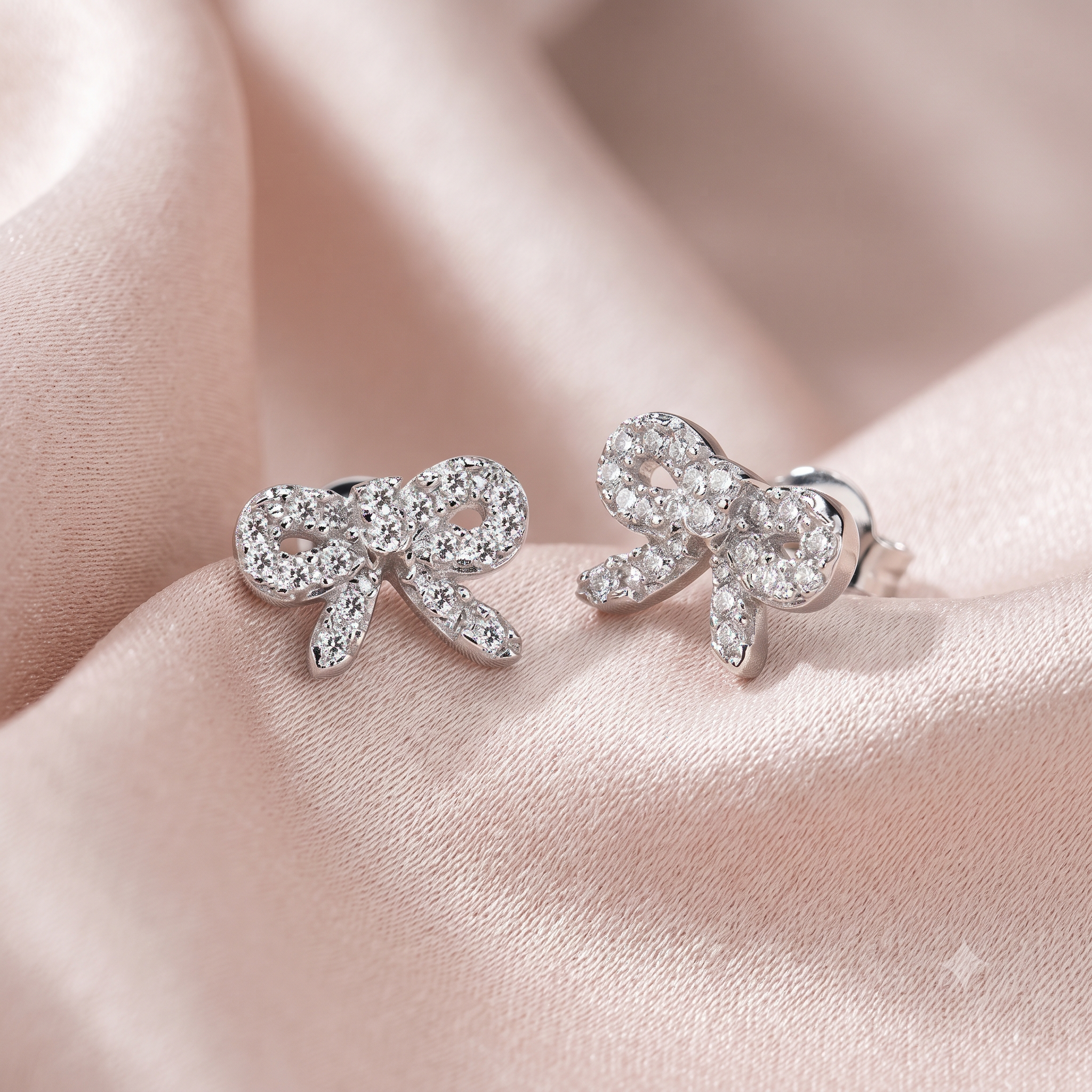 Silver Sparkling Bow Stud Earrings