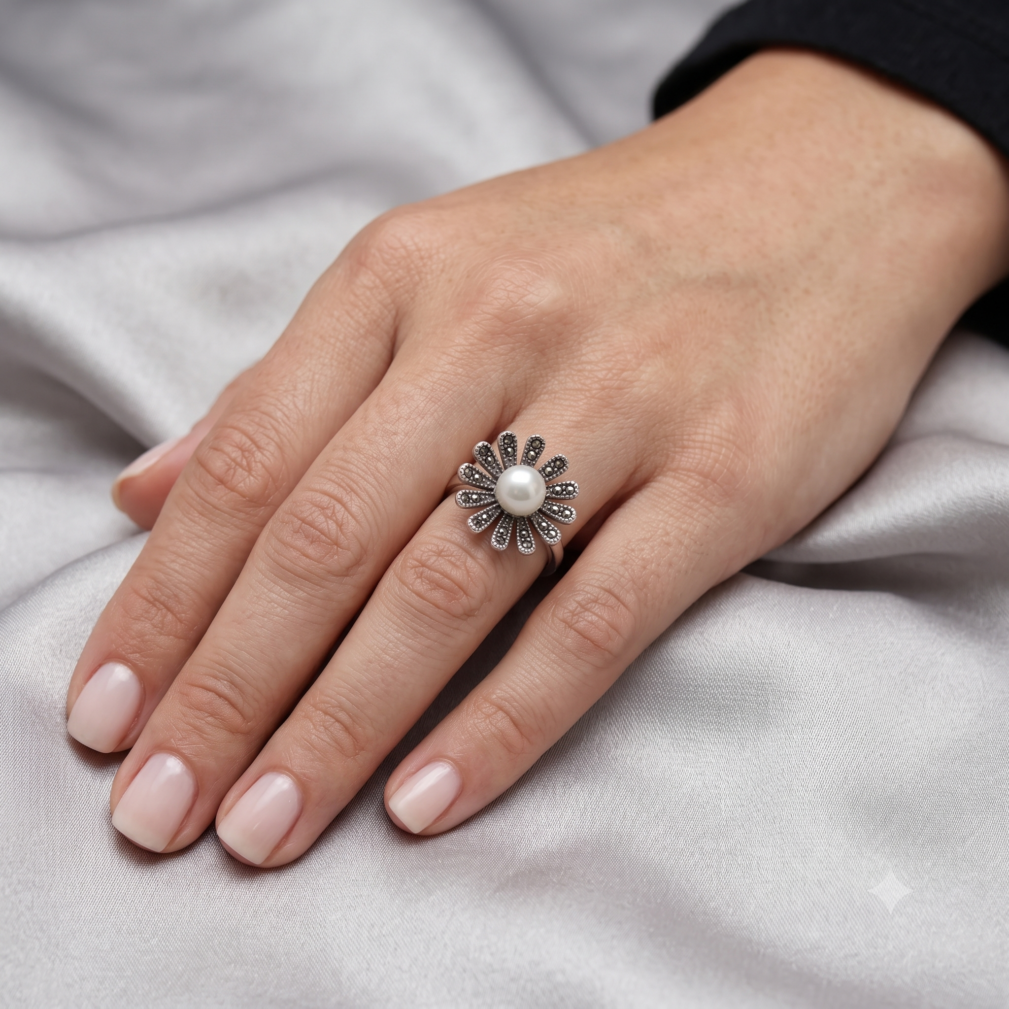 Silver Marcasite & Pearl Flower Ring