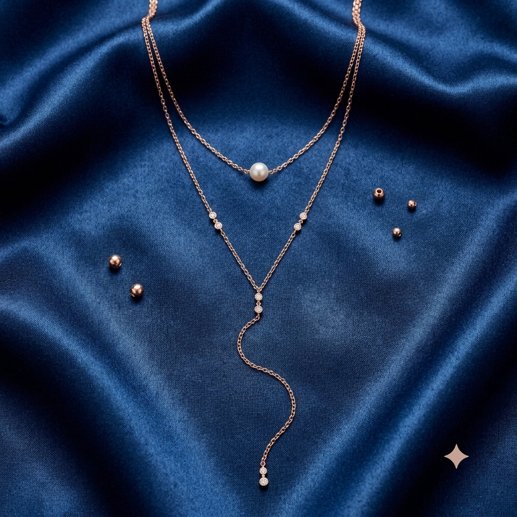 Silver Two Line Chain Zircon & Pearl Necklace
