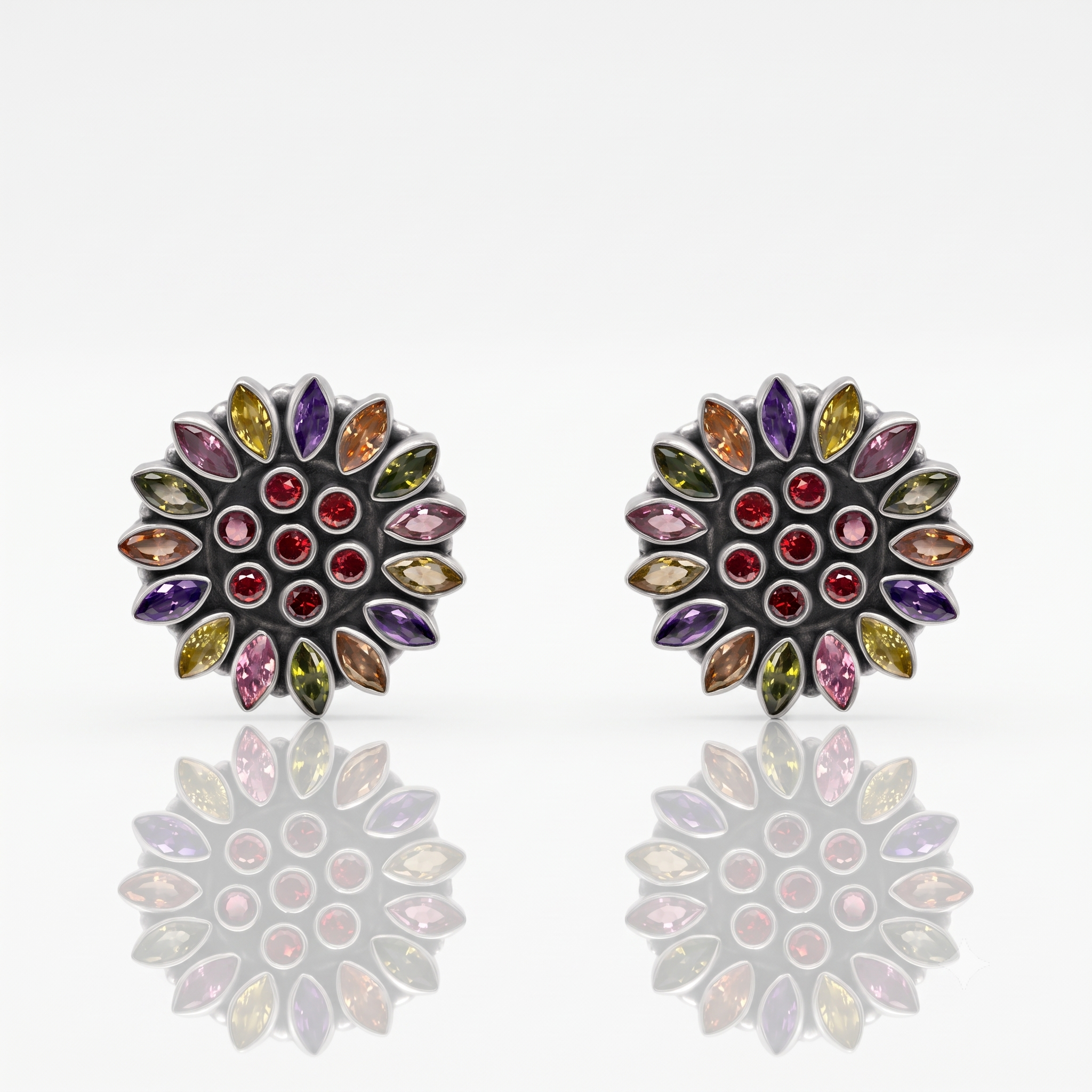 Silver Oxidised Multi Tone Gemstone Grand Flower Toe Rings