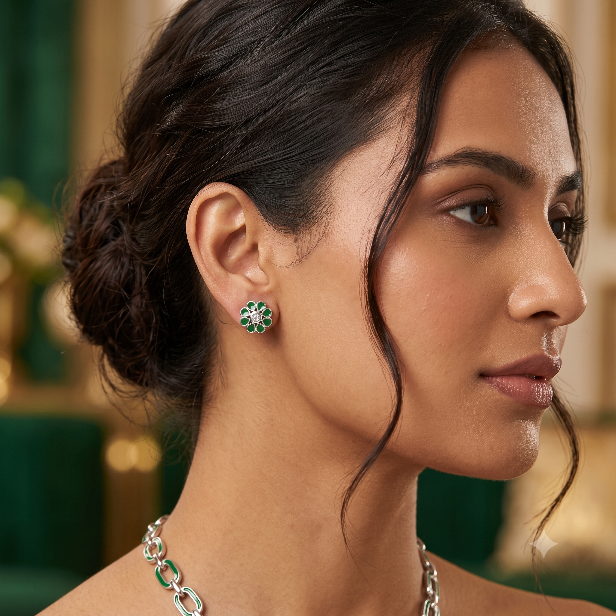 Silver Sparkling Green Filigree Flower Earrings
