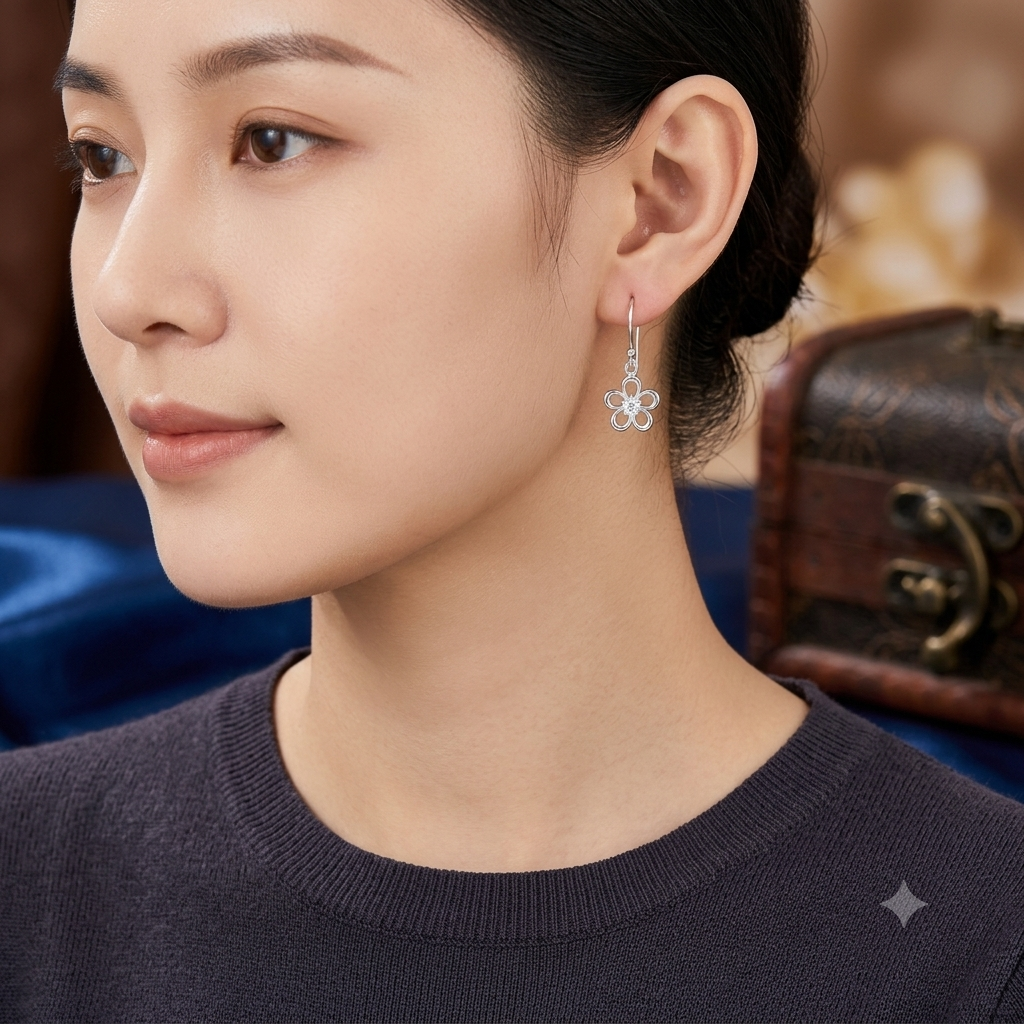 Silver Flower Hook Earrings
