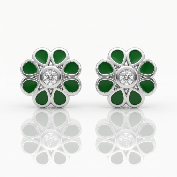 Silver Sparkling Green Filigree Flower Earrings