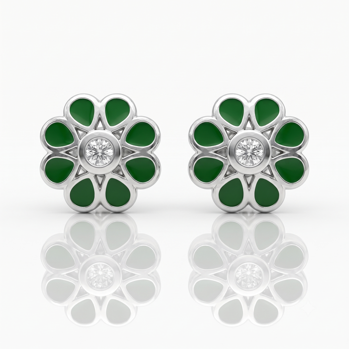 Silver Sparkling Green Filigree Flower Earrings