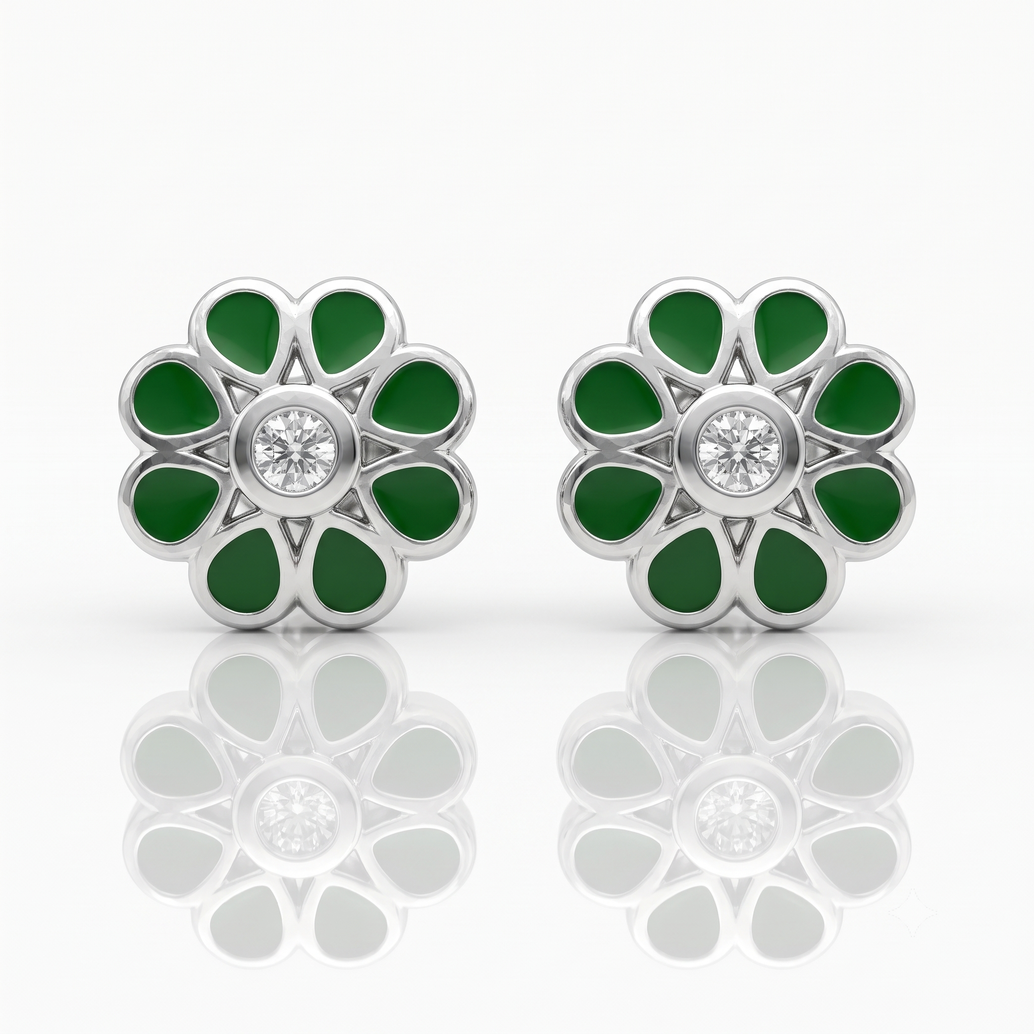 Silver Sparkling Green Filigree Flower Earrings