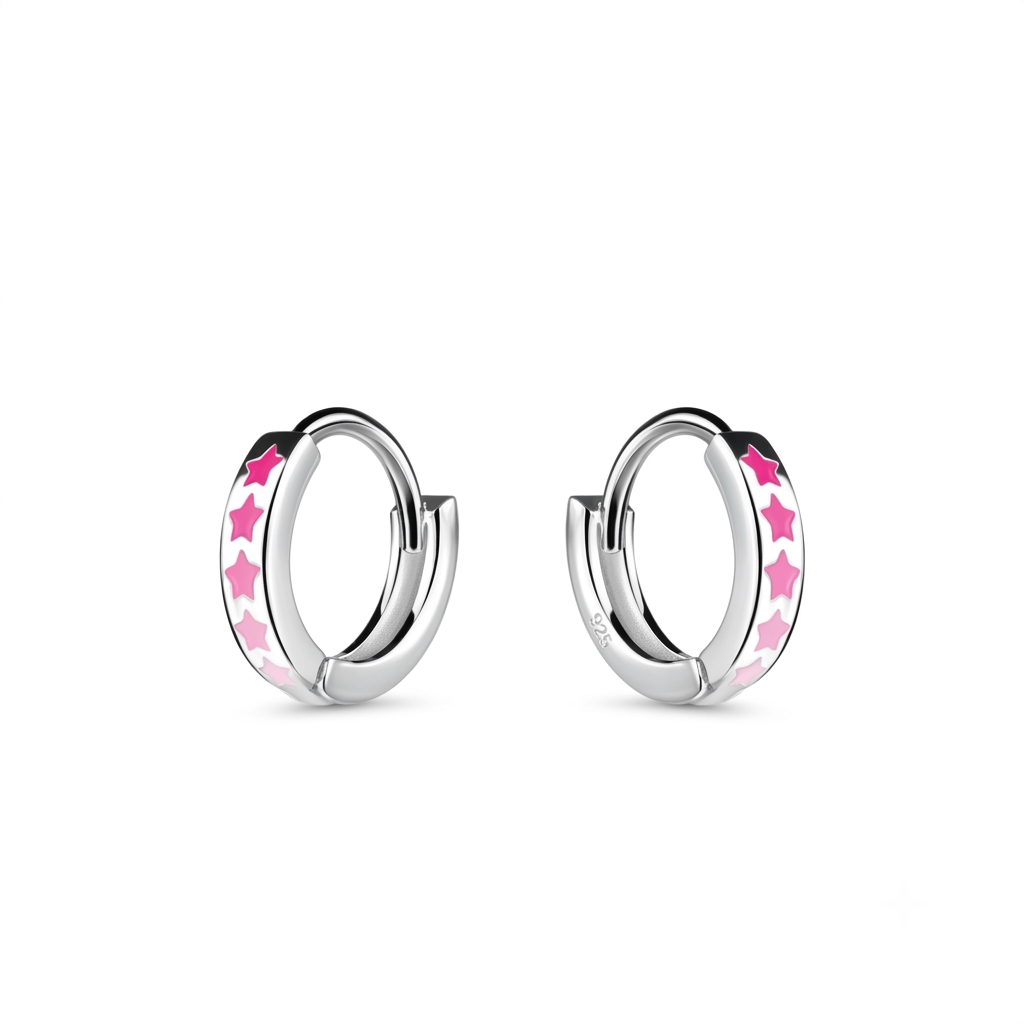 A pair of silver huggie hoop earrings with pink star-shaped enamel inlays, shown on a clean white background.