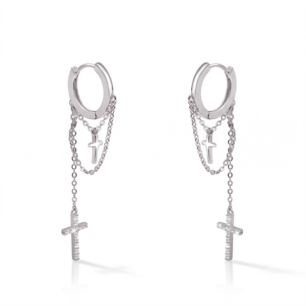 Silver Dangling Cross on Chain Hoop Earrings