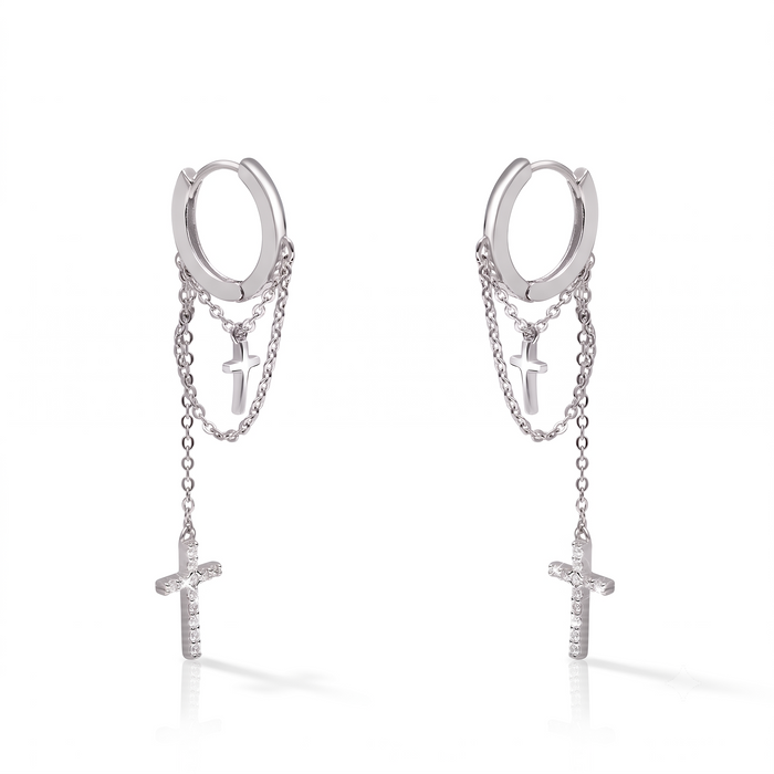 Silver Dangling Cross on Chain Hoop Earrings
