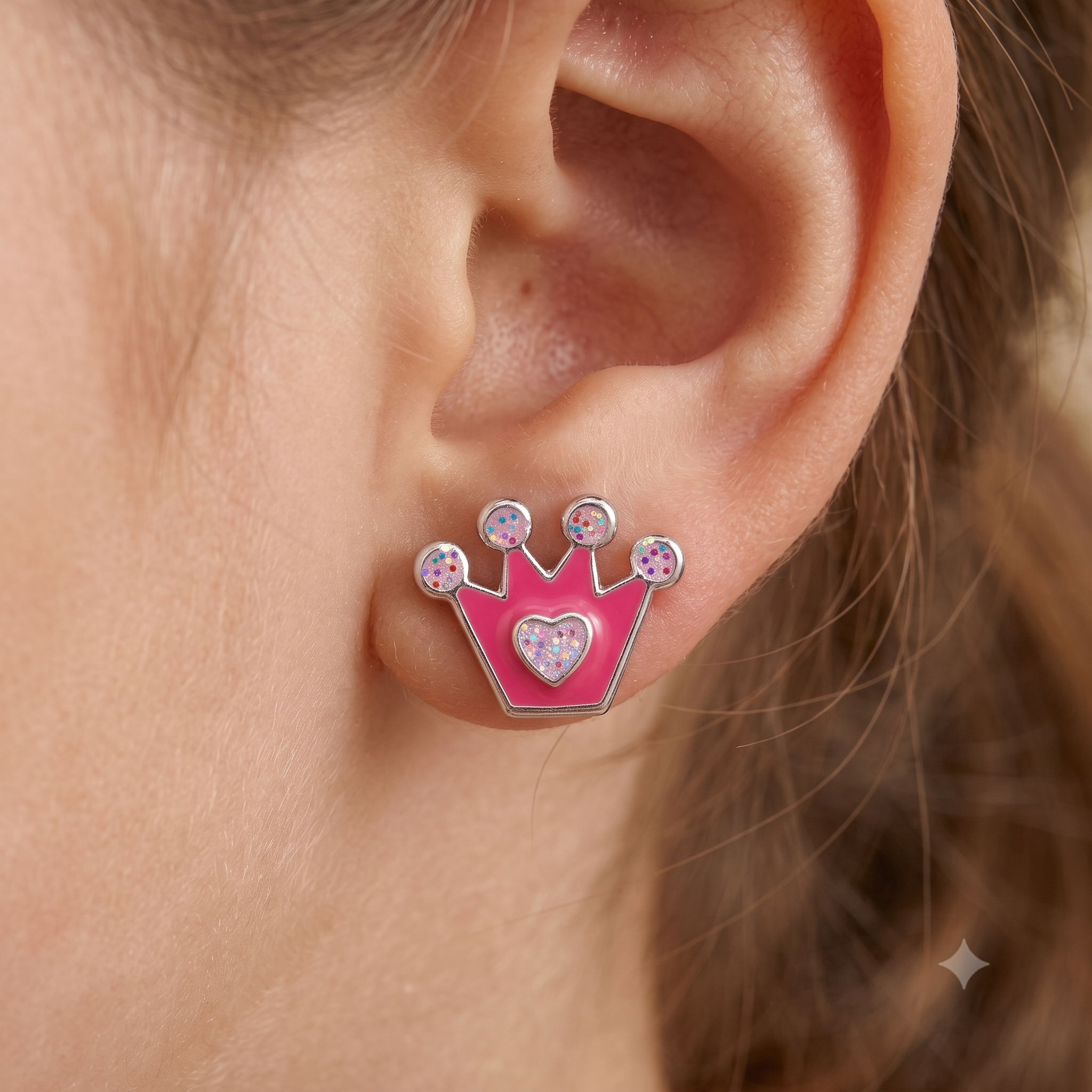 Silver Kids Princess Crown Earrings
