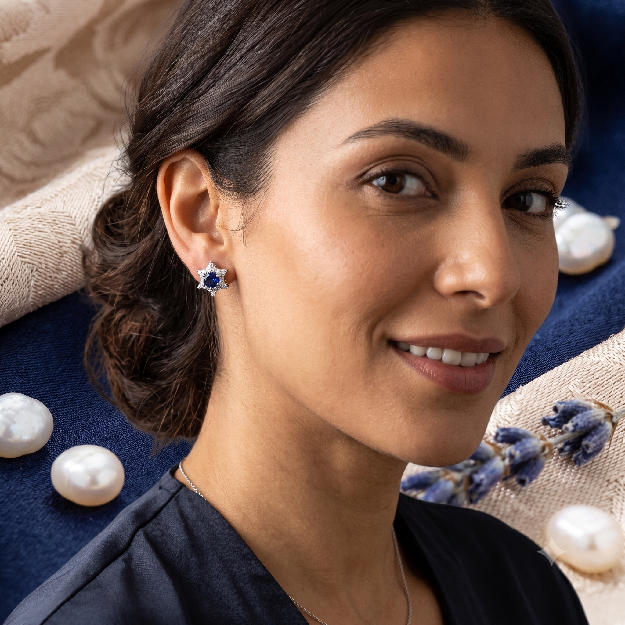 Silver Sparkling Sapphire Blue Star Earrings