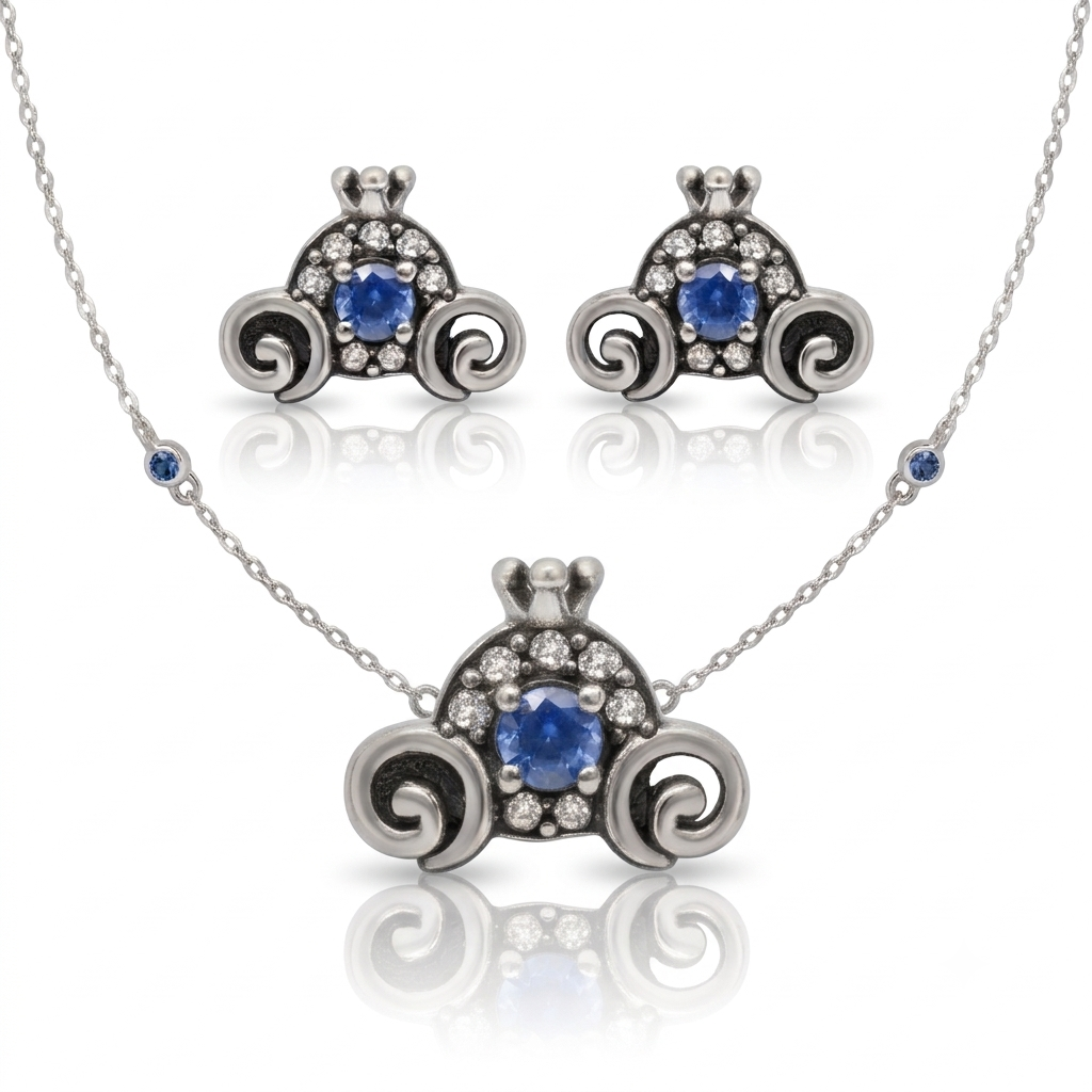 Silver Aquamarine Blue Oxidized Tiara Necklace Set