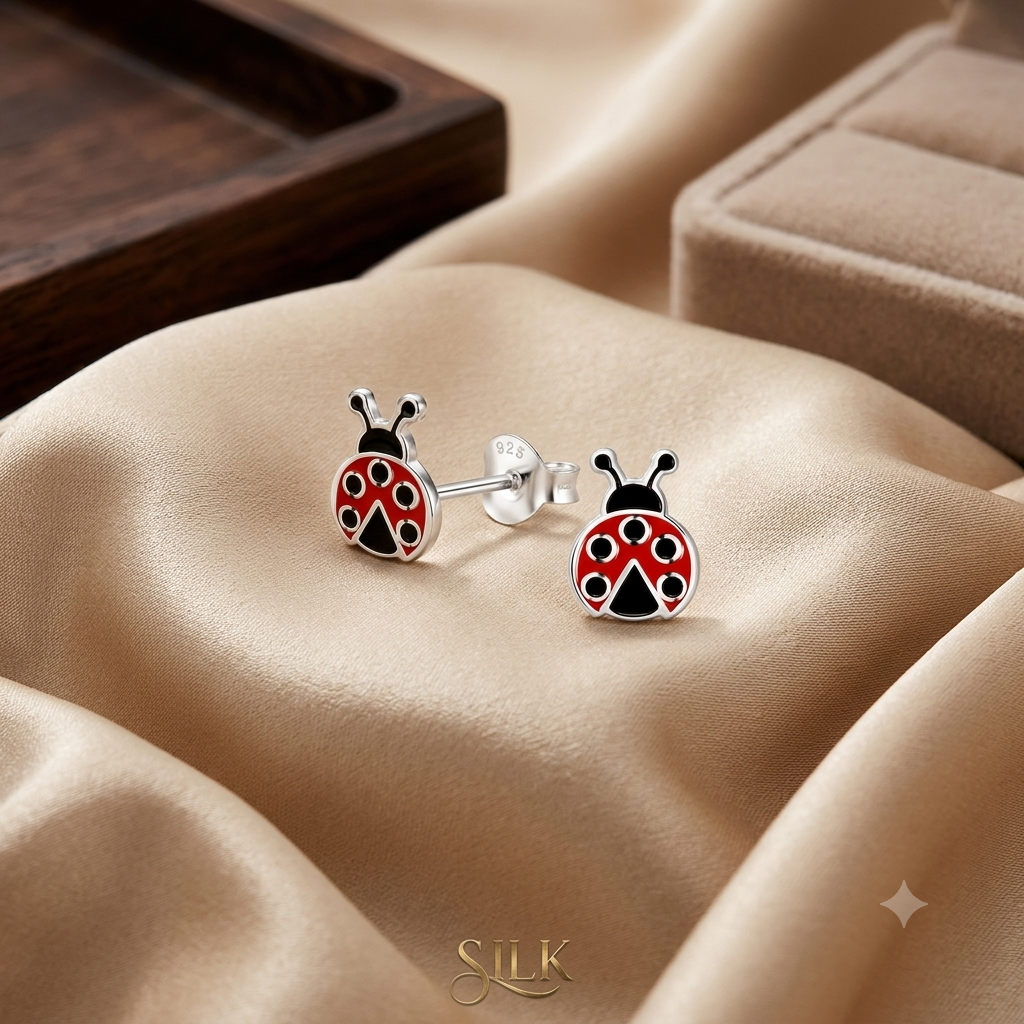 Silver Ladybug Stud Crew Back  Earrings