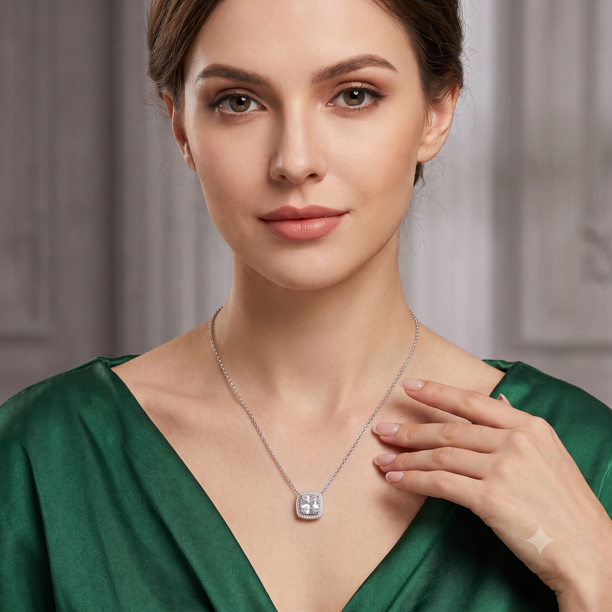 Silver Sparkling Grandoise Cube Solitaire Necklace