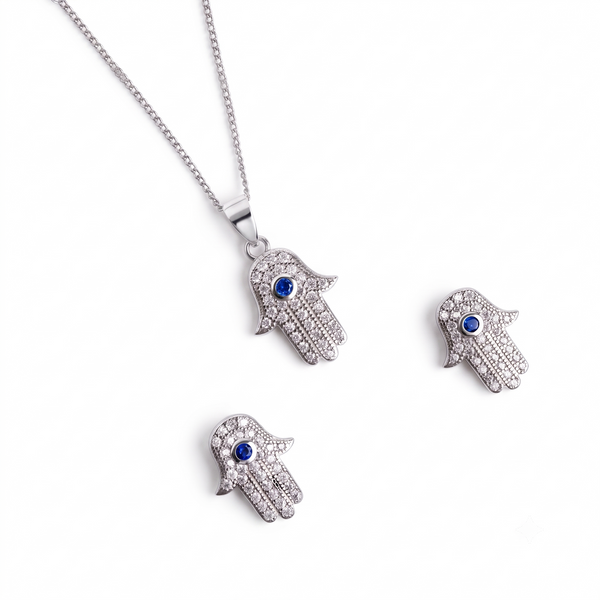 Silver Sparkling Hamsa Pendant Set