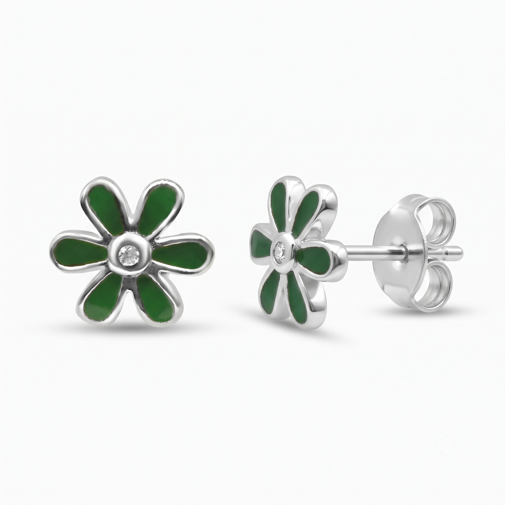 Silver Sparkling Green Flower Earrings